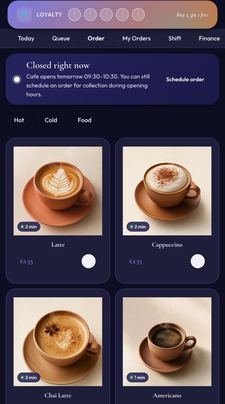 Coffee ordering screen with staff PIN entry