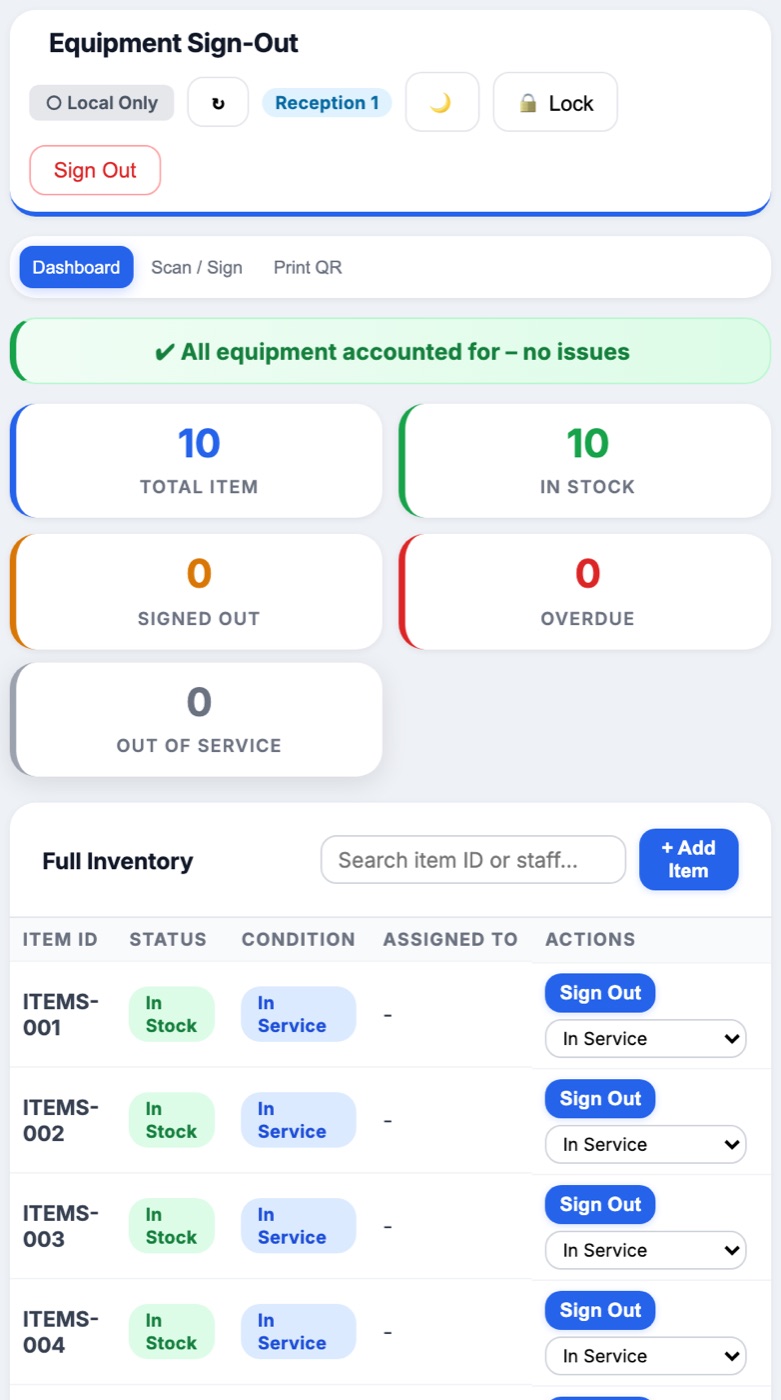 Safety equipment sign-out screen with PIN pad