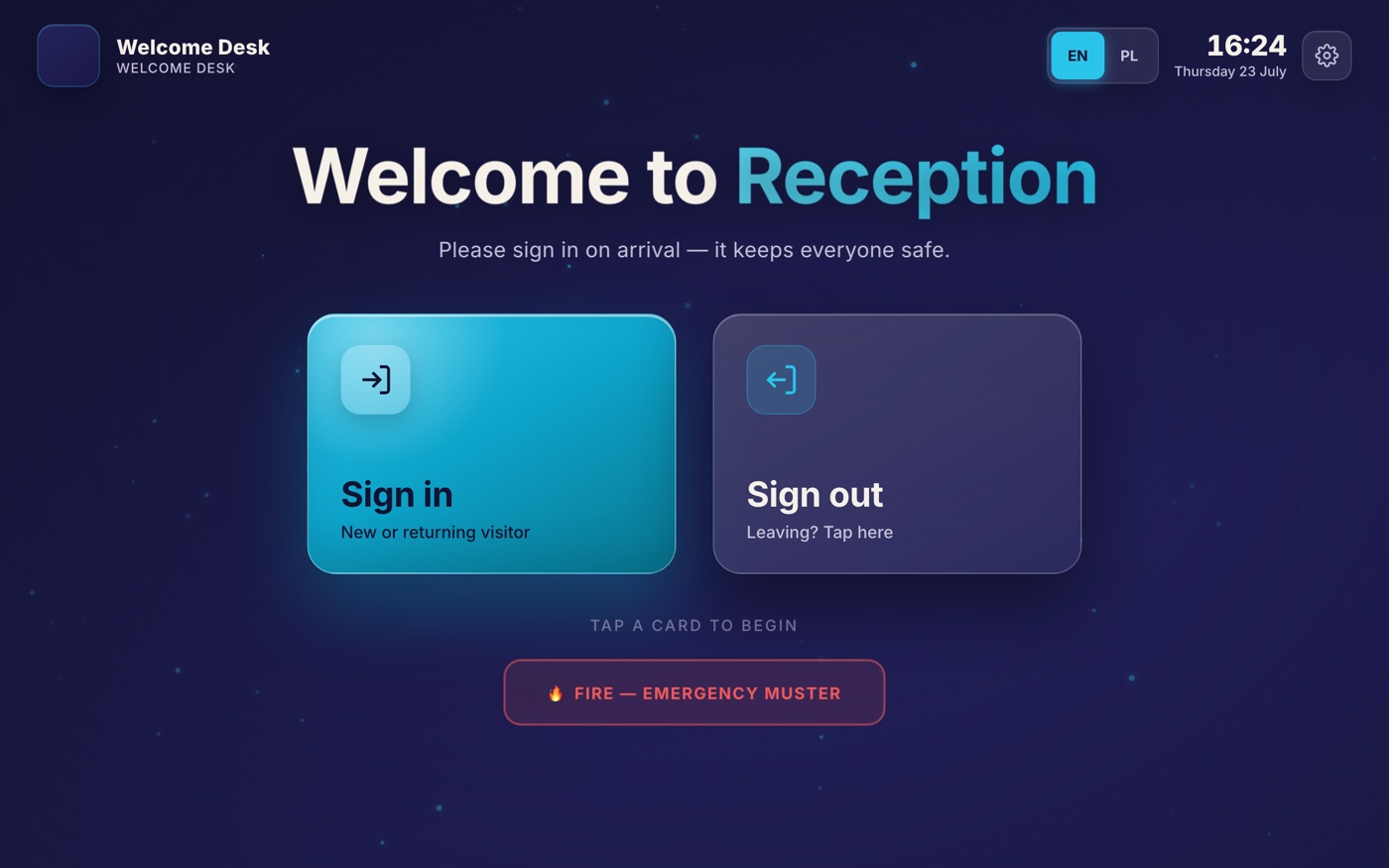 Reception welcome kiosk with sign in and sign out